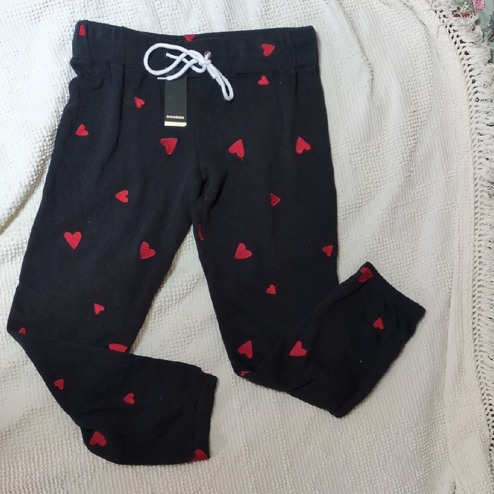 Monrow Black Joggers with Red Heart Accents NWT